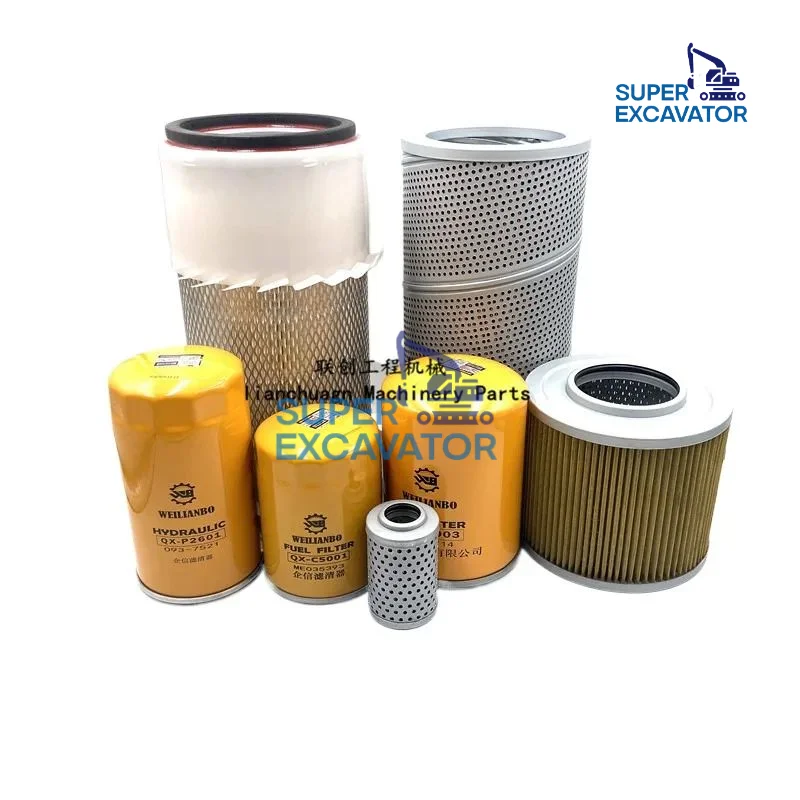 For Komatsu PC  Caterpillar Cat E120B Air Filter, Engine Oil Drain, Hydraulic Pressure Return Oil Filter, and Filter Set