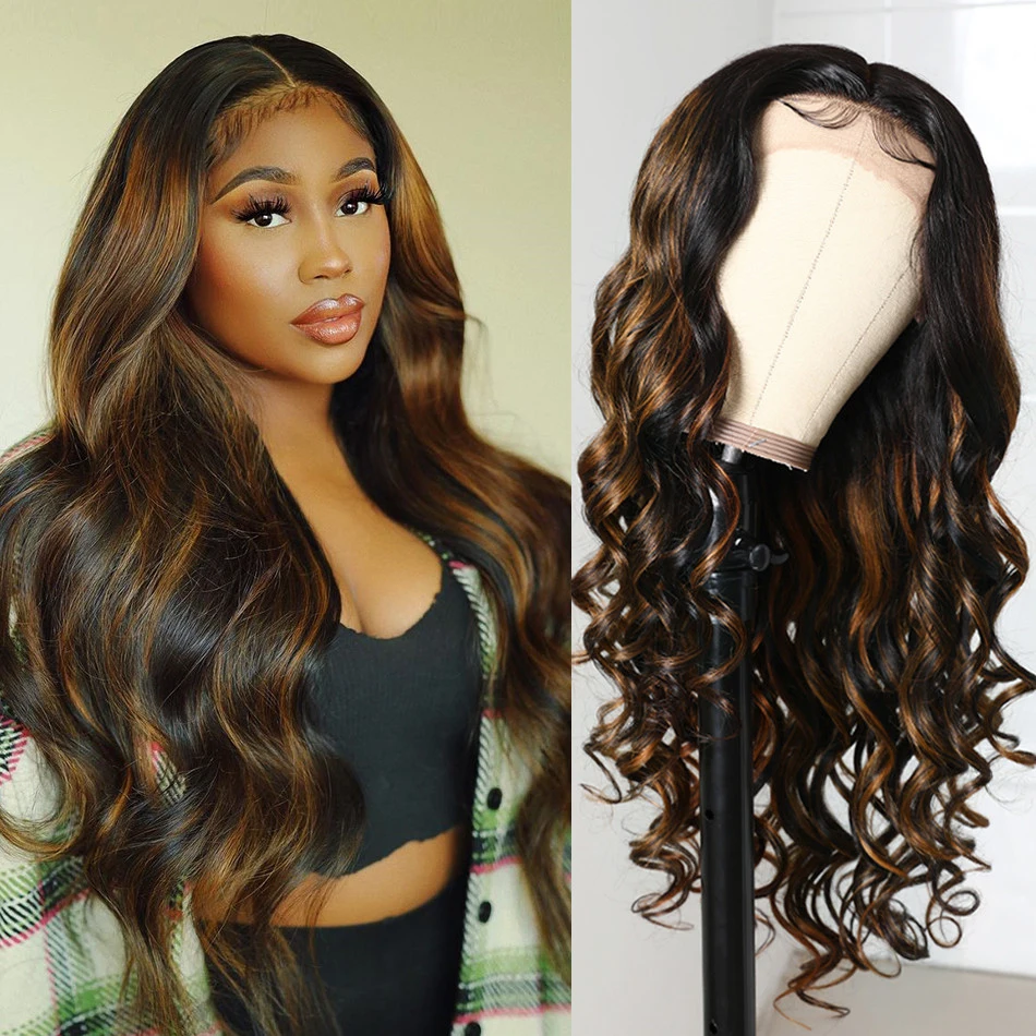 UNice Hair 13x5x1 Lace Front Wig Human Hair Highlight Color Lace Frontal Wig PrePluck Balayage Brown Body Wave Wig 150% Density