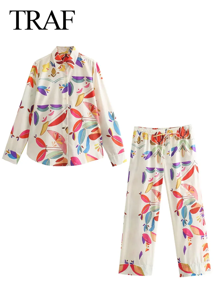 TRAF 2024 Spring Female Fashion Pants Suit Colorful Printed Long Sleeves Shirts+Elastic Waist Wide Leg Pants For Beach Holiday