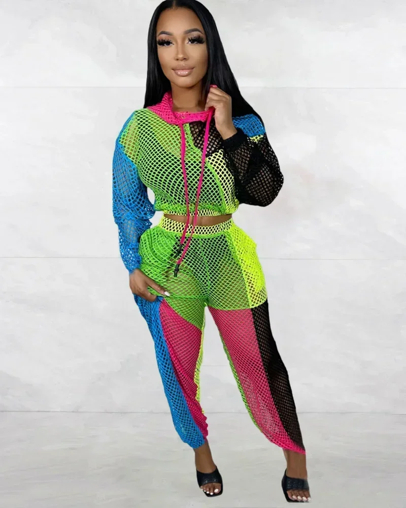 

GUWU Patchwork Gauze See Though Women's Set Long Sleeve Hooded T-shirt and Pants 2024 Fashion Summer Two 2 Piece Set Tracksuit