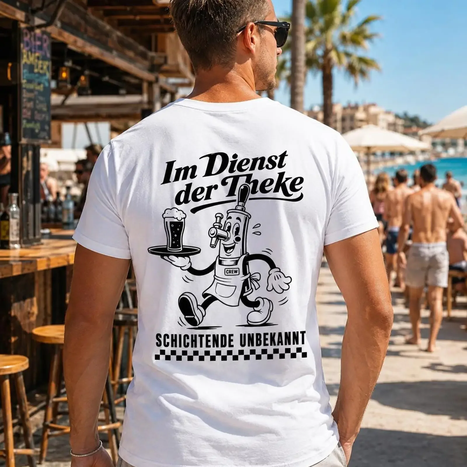 On duty at the bar T shirt with large back print Shift end unknown Mallorca Funny German party tee vintage Washed Versatile