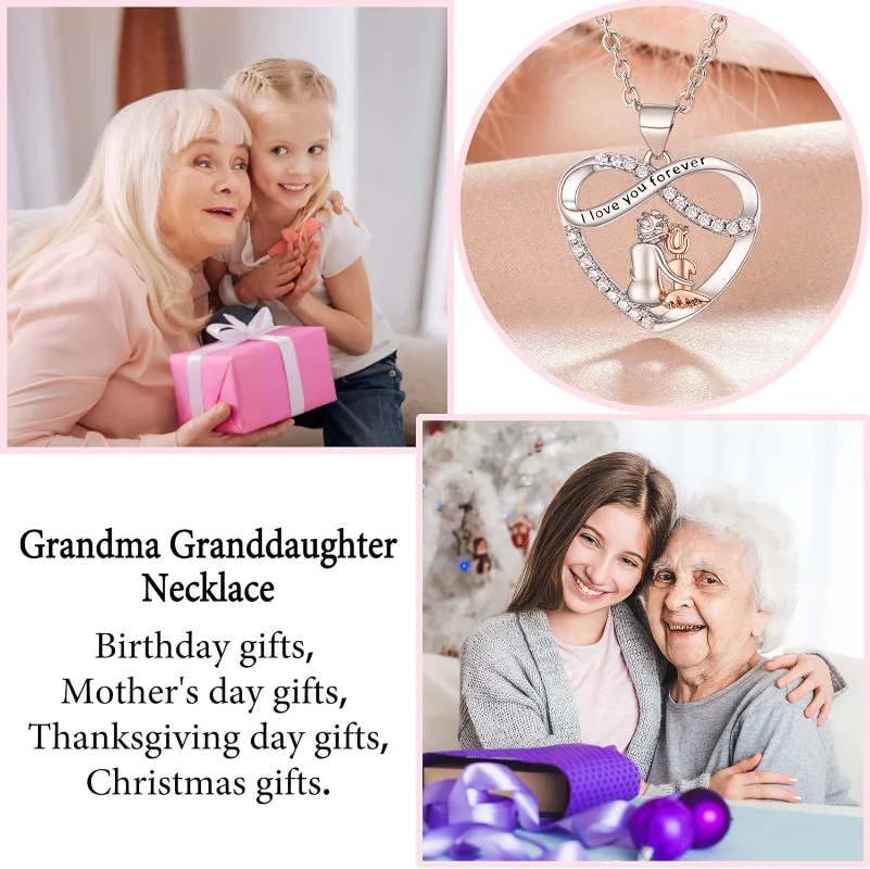 Grandma Granddaughter Necklace W Wish Card, Infinity Heart Pendant Birthday Mother's Day Christmas Gifts Jewelry for Women Girls