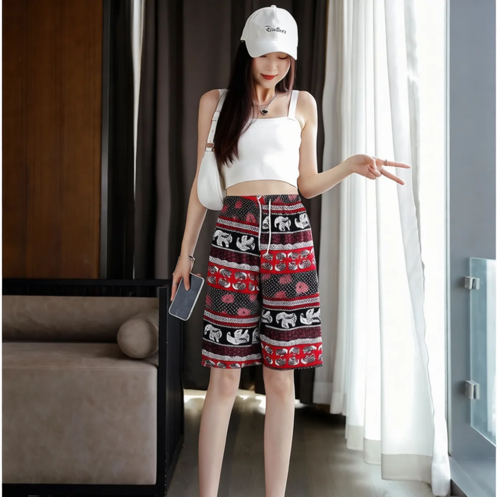 Women Loose Beach Shorts Elephant Print Summer Casual Pants High Waist Lightweight Soft Fabric Sleepwear Home Bottoms