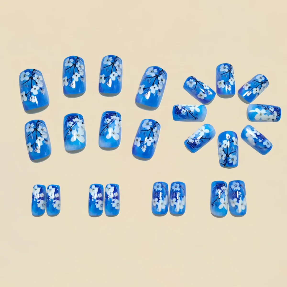 أظافر صناعية متوسطة الحجم للنساء والفتيات، زهور الربيع والصيف، أزرق أرجواني وأبيض، أطراف أظافر لامعة أو لامعة، اضغط على الأظافر الصناعية #2