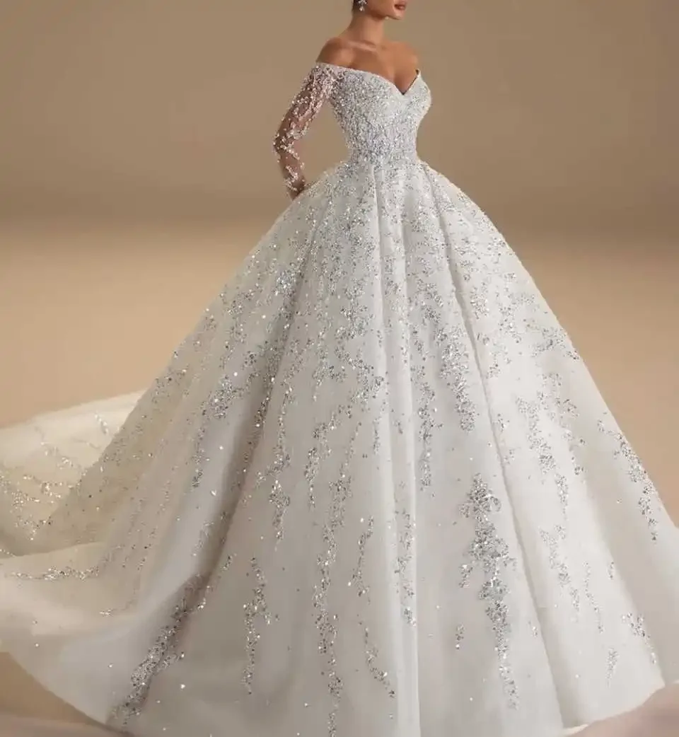 Maßgeschneiderte, wunderschöne Brautkleider, Ballkleid, V-Ausschnitt, lange Ärmel, Pailletten, Applikationen, bodenlanges Brautkleid, Vestido De Novia