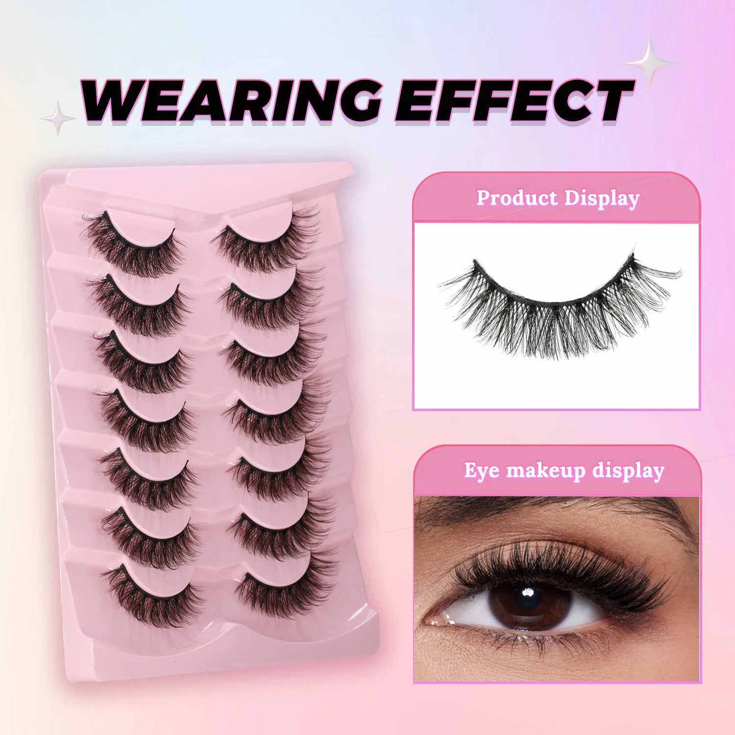 Pestañas de visón Pestañas de visón sintético esponjosas naturales Volumen grueso 3D D Curl Pestañas rusas Pestañas tenues Aspecto como extensiones Pestañas postizas Paquete de 7 pares