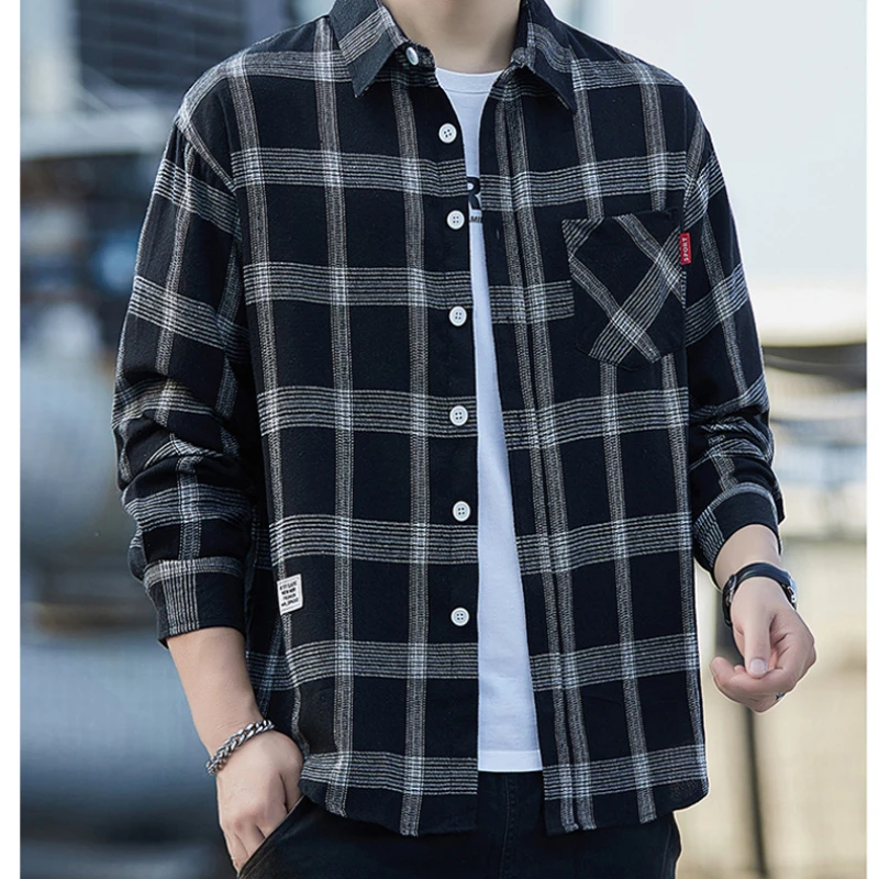 Men's Plaid Shirts Spring Autumn Big Size Loose Fashion Thin Long-sleeved Chest Pocket Design Oversized 9XL Lapel Casual Shirts
