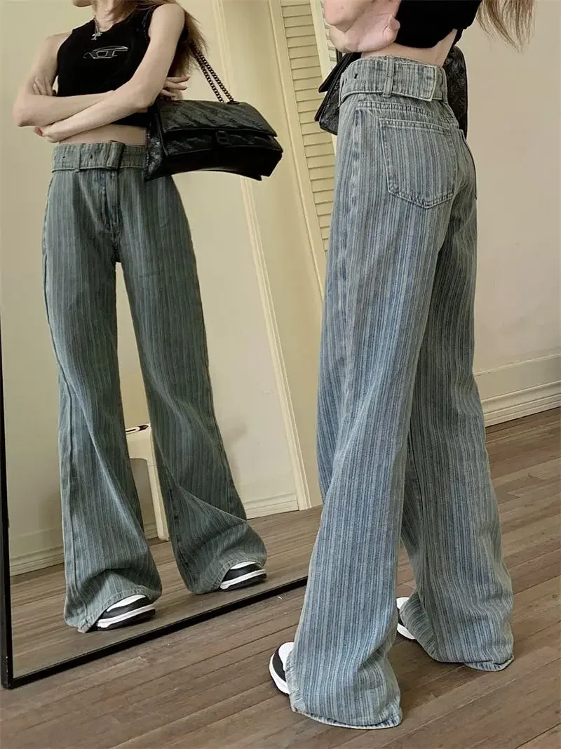 Denim Blue Striped Jeans Women Straight Loose Autumn Ulzzang Chic Distressed Streetwear Gentle Students Harajuku Simple Designed