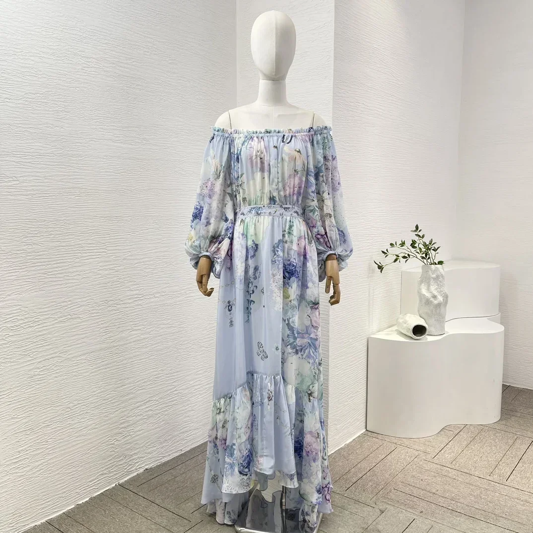 

2024 New Top Quality Silk Floral Print Lantern Sleeve Off The Shoulder Women Casual Long Dress for Holiday