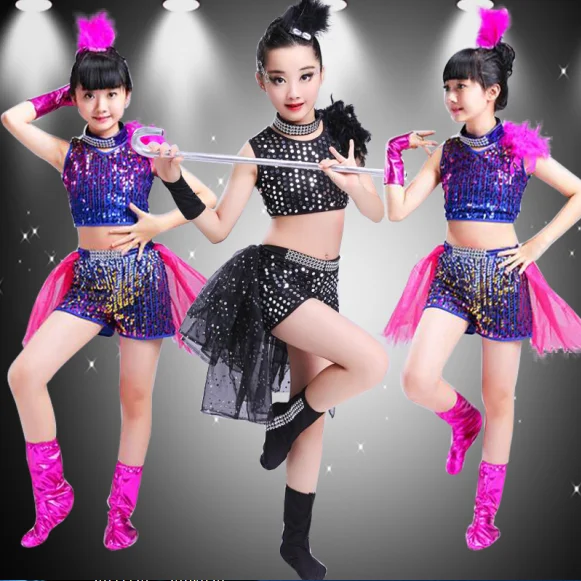 

Fashion Girls Catwalk Performance Clothes op Stage Outfits 4 Pcs Black Sequin Dress Jazz Hip-hop Street Dance Costume
