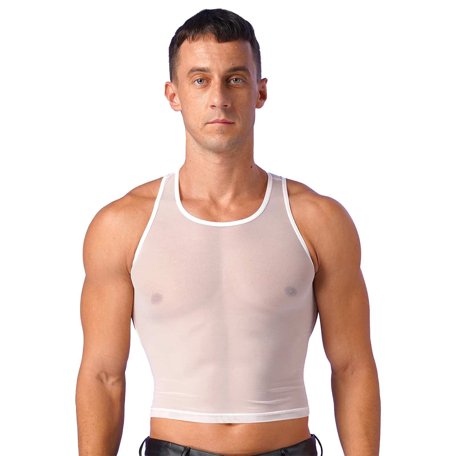 Mens Solid Color U Neck Sleeveless T-shirt See-Through Sheer Mesh Crop Tank Top Pool Party Vest Tops Lingerie Nightwear