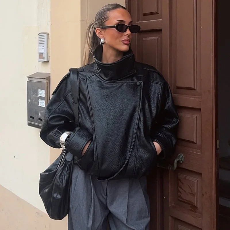 Ticketsx Fashion Leather Jackets Women Solid Lapel Button Zipper Patchwork Loose Coats Autumn Winter New Casual Streetwear Coats