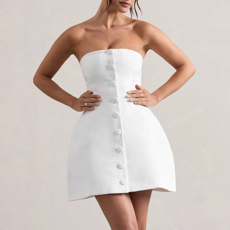 

2024 Single Button Solid White Strapless Dresses Women Bodycon A Line Mini Dress Summer Trending Elegant Party Dresses Vestidos