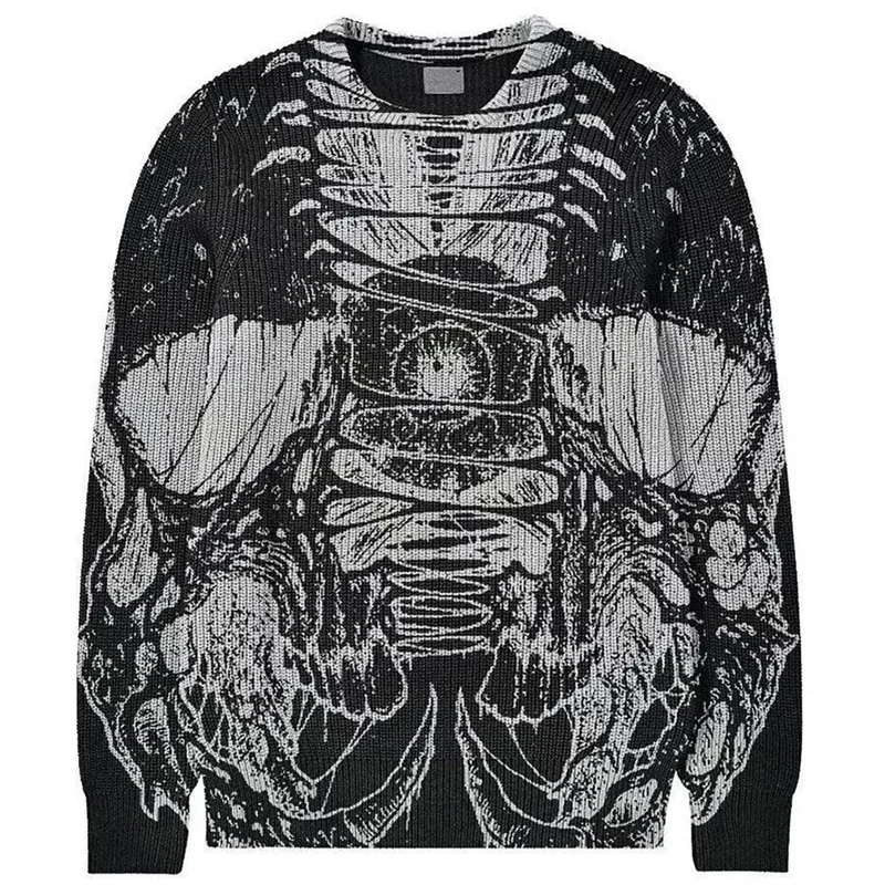 2024 New Men's High Street Sweater Retro Old Skull Graffiti Knitted Pullover Ladies Cotton Harajuku Casual Loose Sweater Autumn