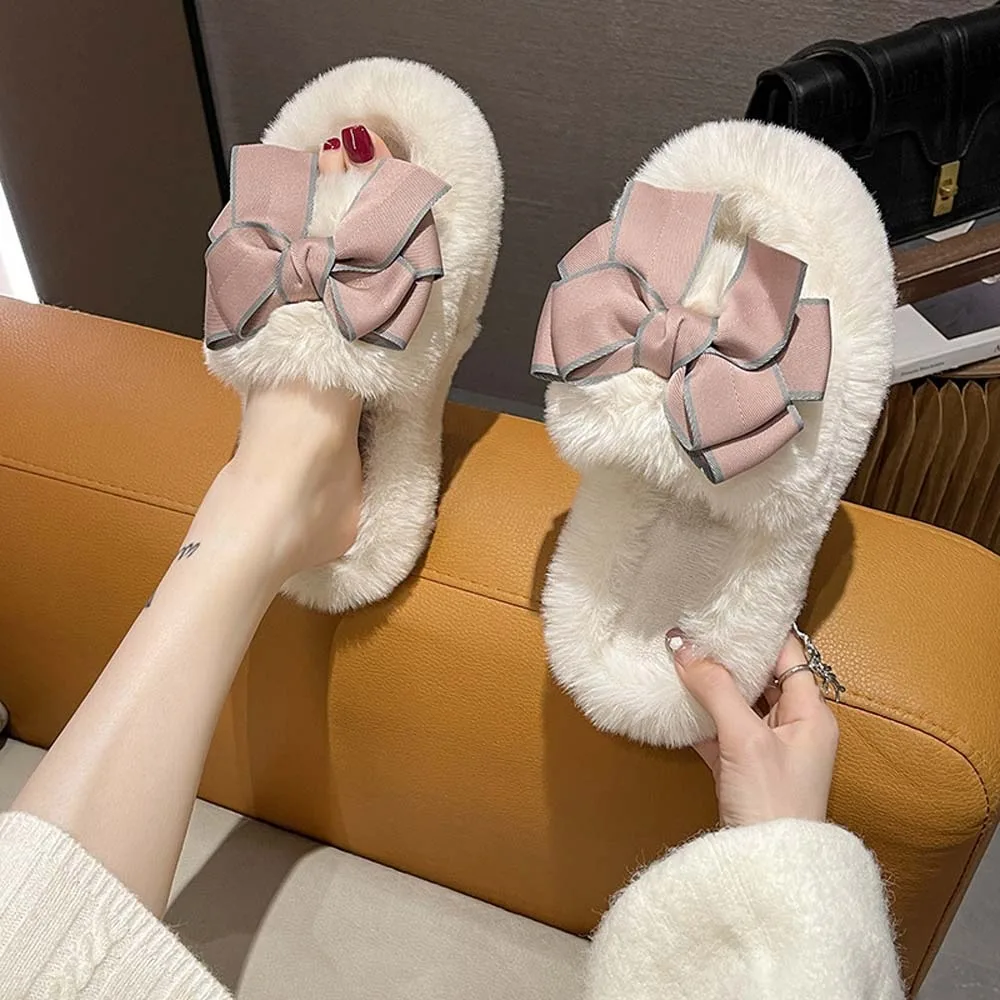 

Home Slippers Bow Winter Fluffy Slippers Khaki/Beige/Black Korean Style Soft Plush Slippers Fashion Bowknot Warm Fur Slippers