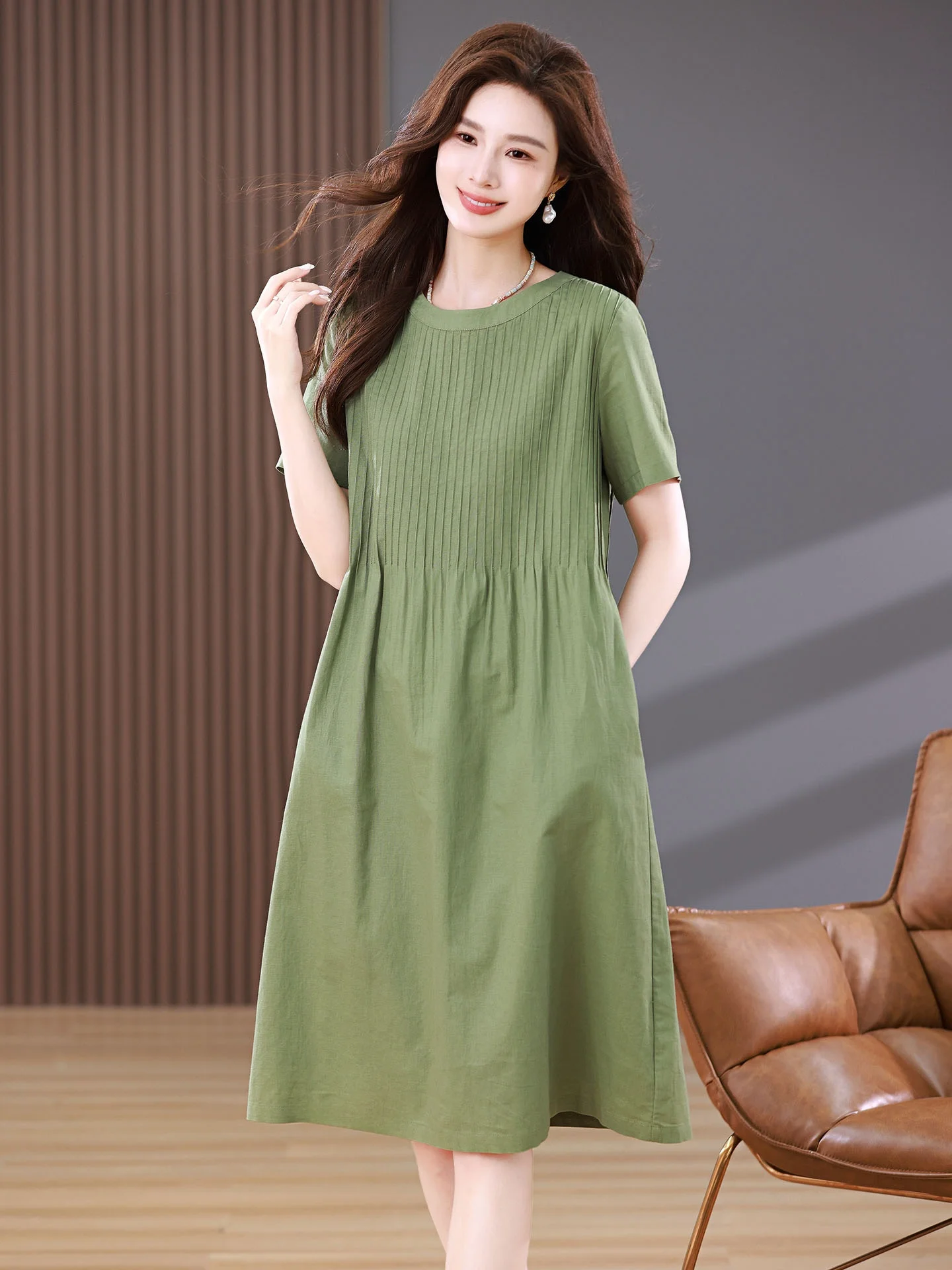 Linen Dress Summer New Style Green A-Line Casual Short Sleeve Waist-Cinching Slimming Small Size Women's Fashion Dress