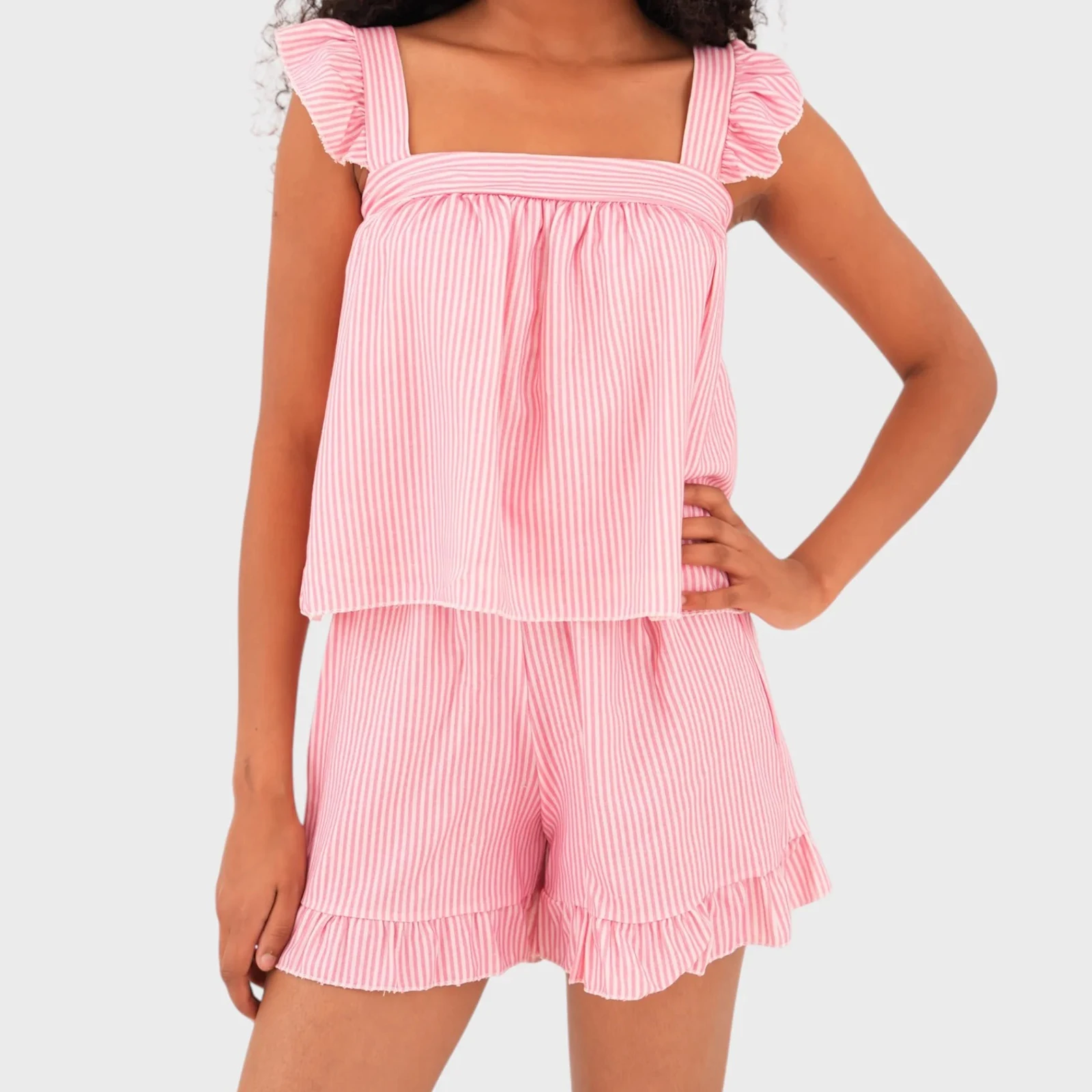 Women Shorts Tops Outfit Summer Striped/Solid Square Neck Flying Sleeve Tops and Ruffle Shorts 2 Piece Casual Lounge Set Pajamas