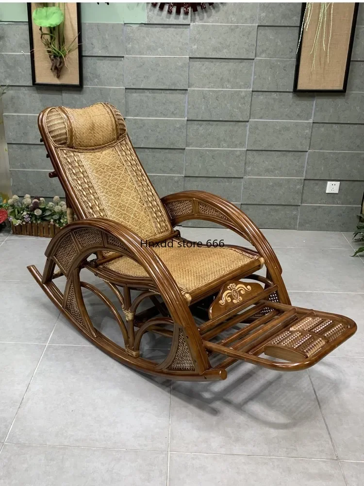 Solid wood rattan chair rocking chair teng chair balcony natural real rattan woven teng home leisure recliner for the elderly