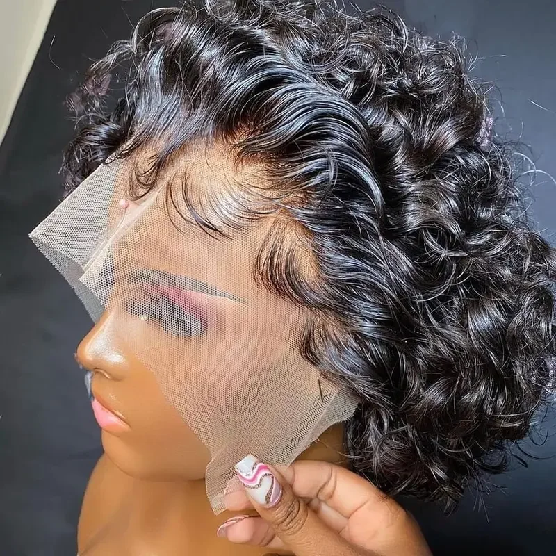 Pixie Cut Short Curly Wig 13X4 Lace Front Human Hair Wigs Brazilian Remy 6 Inch Human Hair PrePlucked With Baby Hair 250�nsity