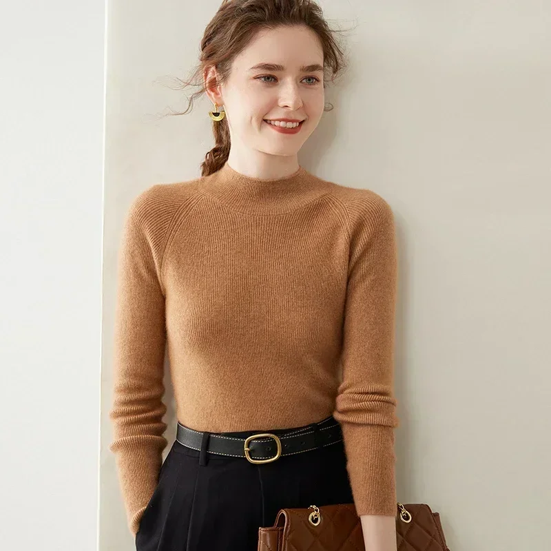 WinvyNee Women Cashmere Sweater Mock Neck Slim Merino Wool Causal Clothing Solid Knitted Tops Jumpers Pullovers Autumn A1174006