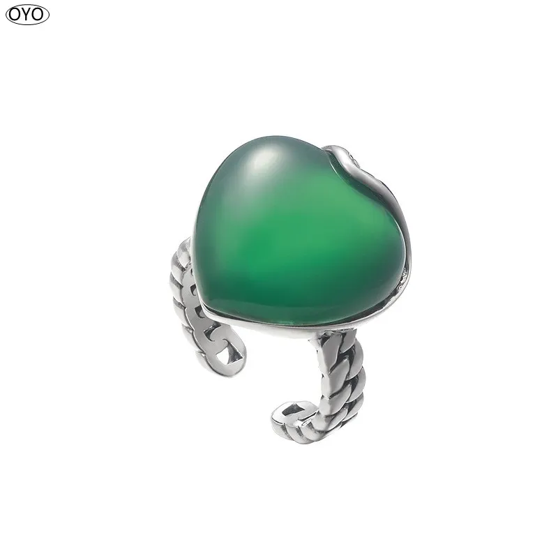 

100% S925 silver inlaid Green Agate love personalized heart-shaped ring, minority design hand ornament