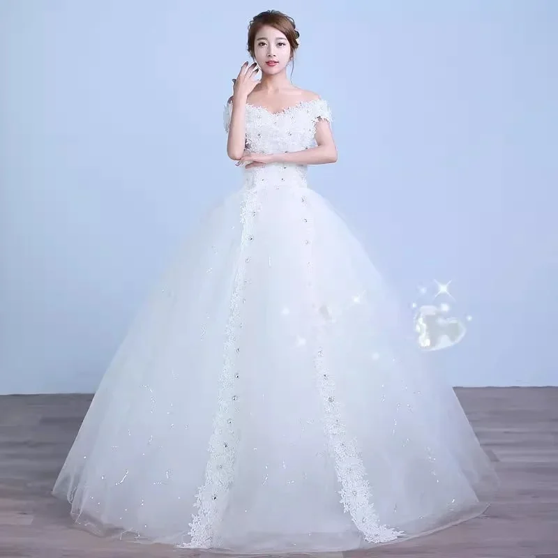 Cheap Wedding Dresses White Floral Off the Shoulder Sequins Bling Princess Simple Floor-length Plus size Bride Ball Gowns XN086