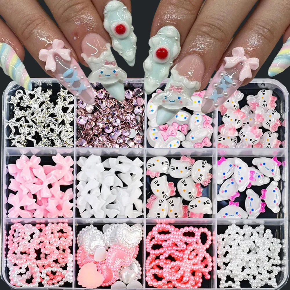 

12grids 3D Mixed Hello Kitty My Melody Nail Art Charms Translucent Cartoon Resin Nail Decorations With Pearl Bow Heart Nail Deco