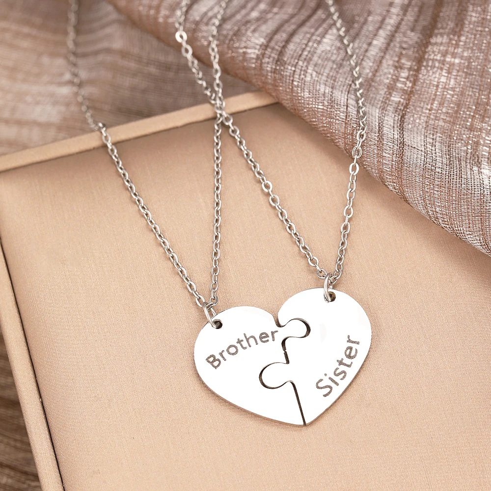 Stainless Steel Necklaces Brother Sister Spliced Heart Pendant Collar Chain Fashion Necklace For Women Jewelry Family Party Gift