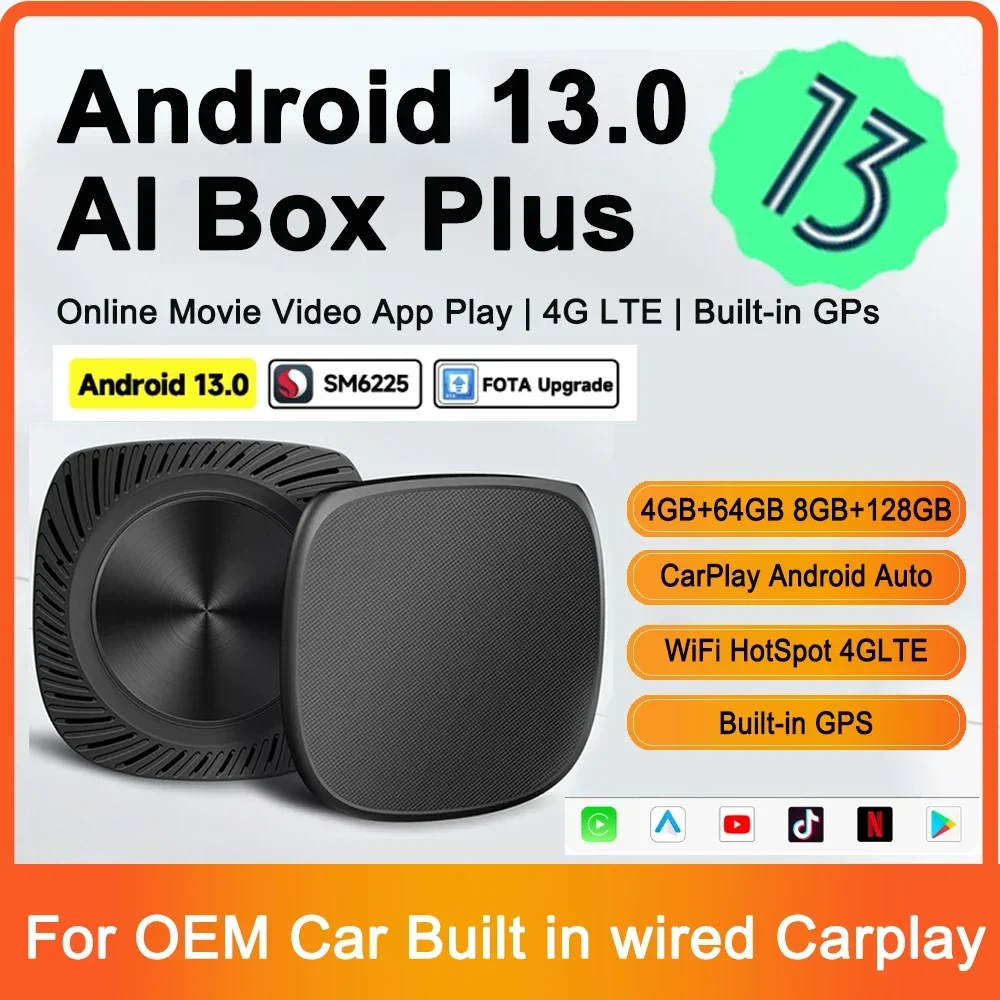 

Android 13.0 CarPlay AI Box Qualcomm 6225 8-Core Chip Android Auto Wireless CarPlay Mini Adapter 2.4+5G GPS 64G 128G Smart