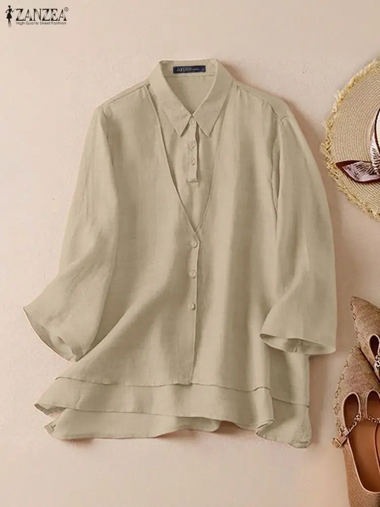 ZANZEA Damen-Herbsthemden, modisch, 3/4-Ärmel, einfarbig, Blusas, Revers, Knöpfe, gefälschte 2-teilige Tops, Tunika, 2025, Vintage-Blusen