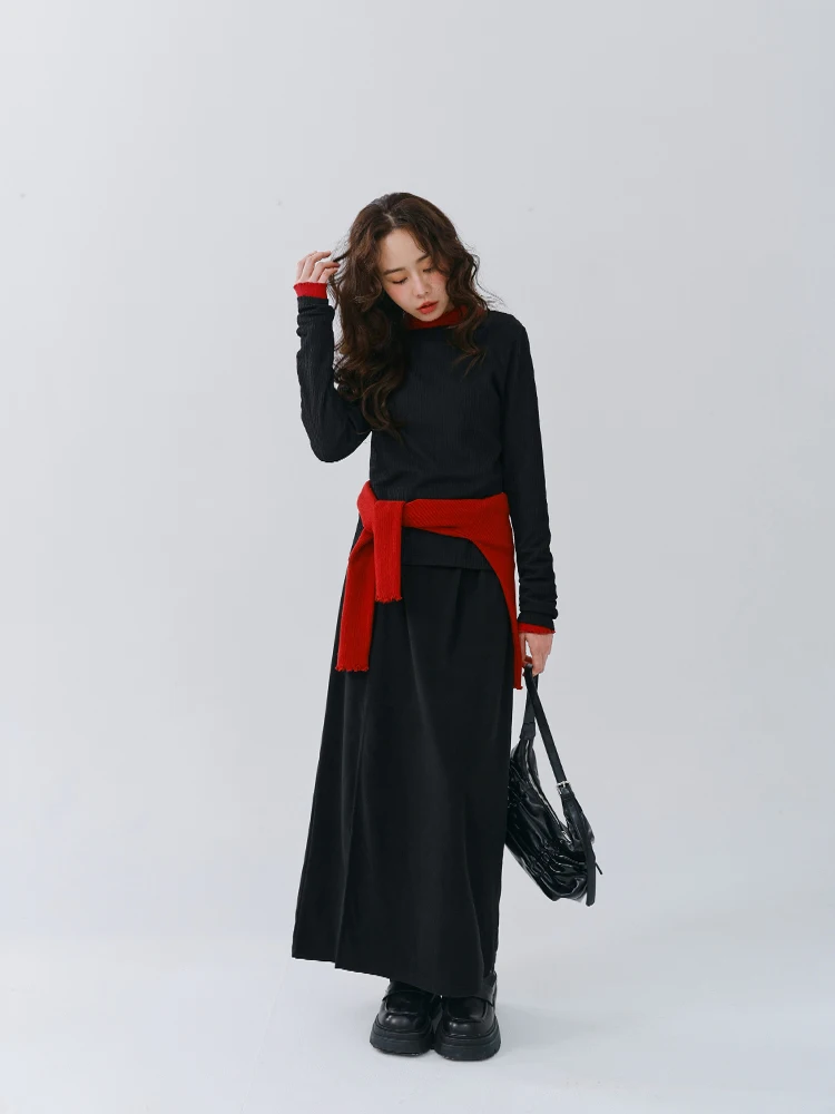 

Queenop Asymmetric Splice Velvet Long Skirt Women's New Autumn Winter Faion Side Split Stand Fit Cotton Polyester Blend