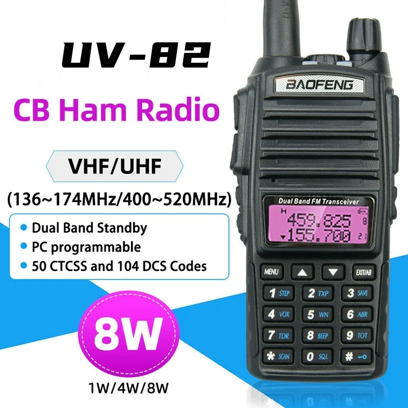 ¡Arriba! UV-82 Real 8W portátil 100% Original Walkie Talkie transceptor 10KM banda PTT Dual VHF UHF Radios amatorios bidireccionales para aficionados