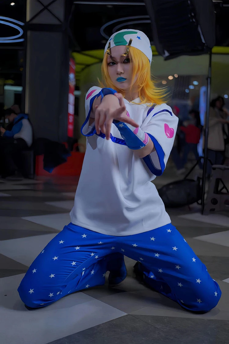 Anime Bizarre Adventure Steel Ball Run Jonathan Johnny Joestar Cosplay Costume Top Blue Pants Hat Wrist Guard Wig Joestar Suits