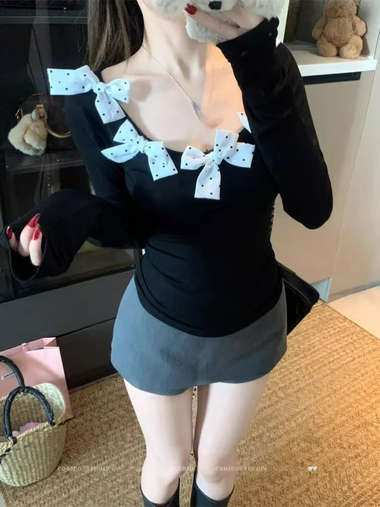 Bow U Collar Long Sleeved T-shirt For Women Slim Fit And Waist Cinching Spicy Girl Inner Layer Top