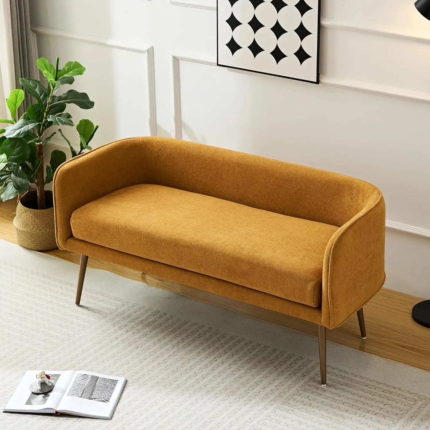 Bedroom Bench and Entryway Bench with Low backrest and armrests, Yellow Fabric,Inside Sturdy Metal Frame, Customized