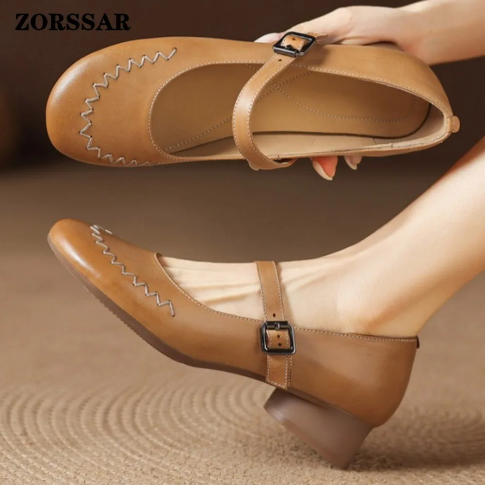 Womens Round Toe Low Heel Mary Jane Shoes Retro Genuine Leather Buckle Strap Dress Pumps Comfortable Low Block Heel Office Shoes