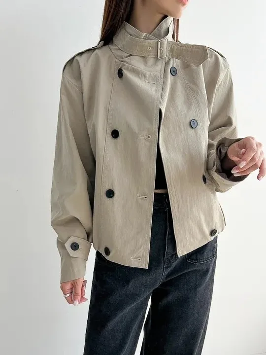 

Retro Briti Sle Women's ort Coat Jaet Autumn Winter Double Breasted Unique Design Versatile Top Quali Material