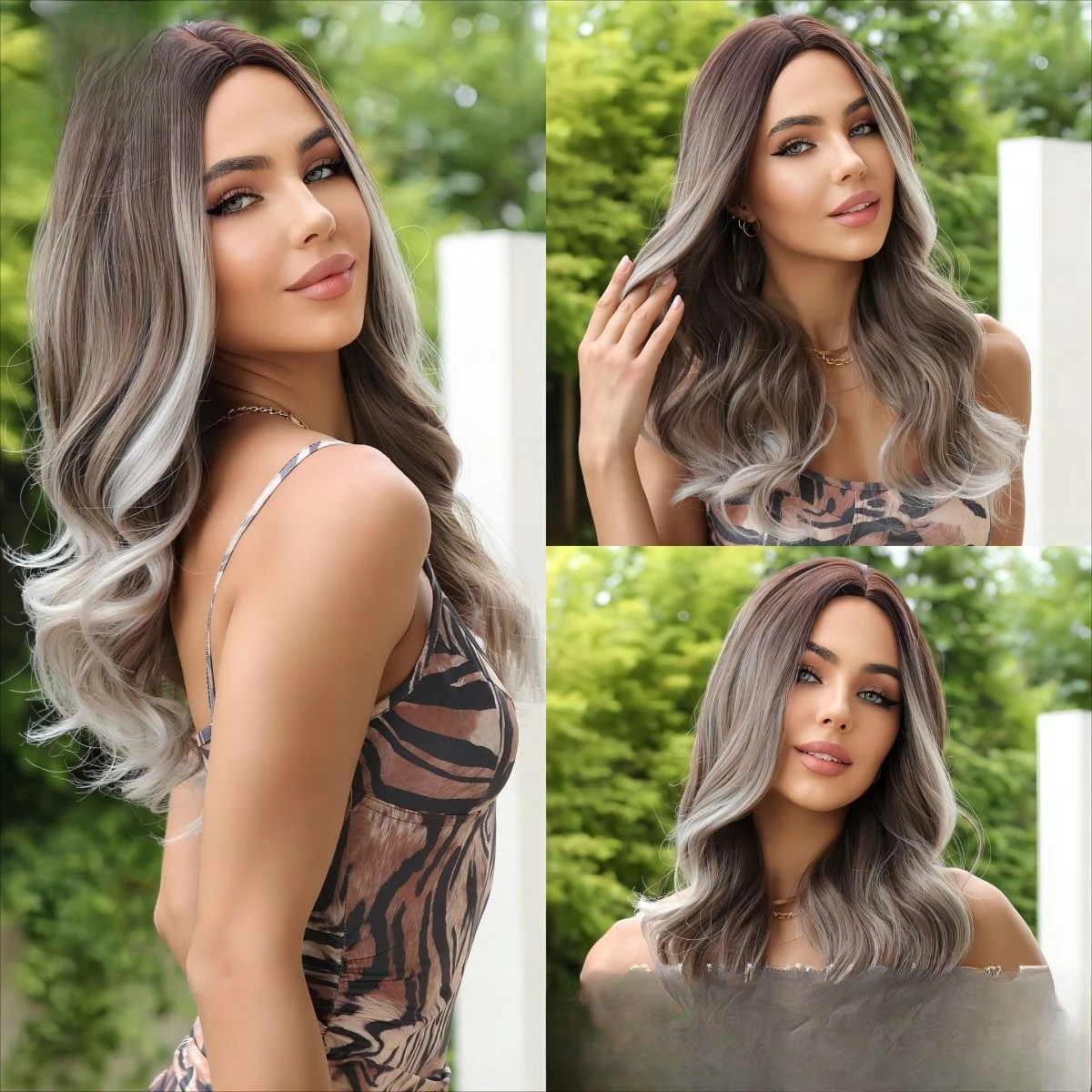 

European and American highlights medium long curly hair wig gray brown gradual change big wave full head wig