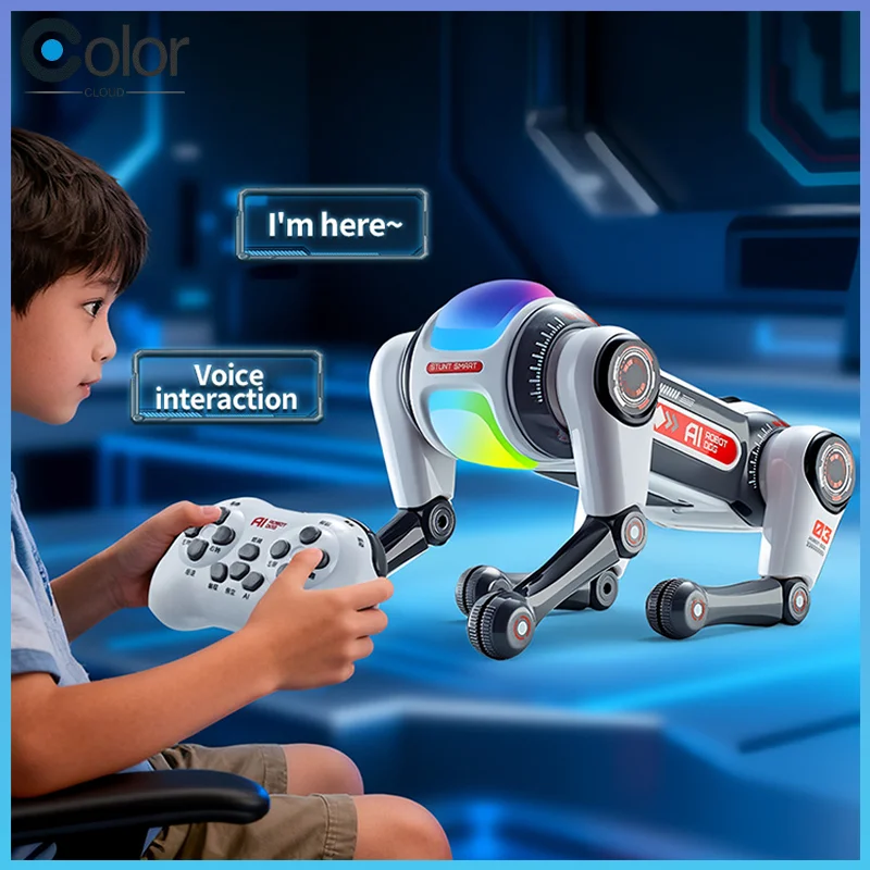

Интерактивная игрушка-робот собака на радиоуправлении с ИИ-голосовым управлением, двойным пультом, программируемыми трюками и переворотами для мальчиков и детей