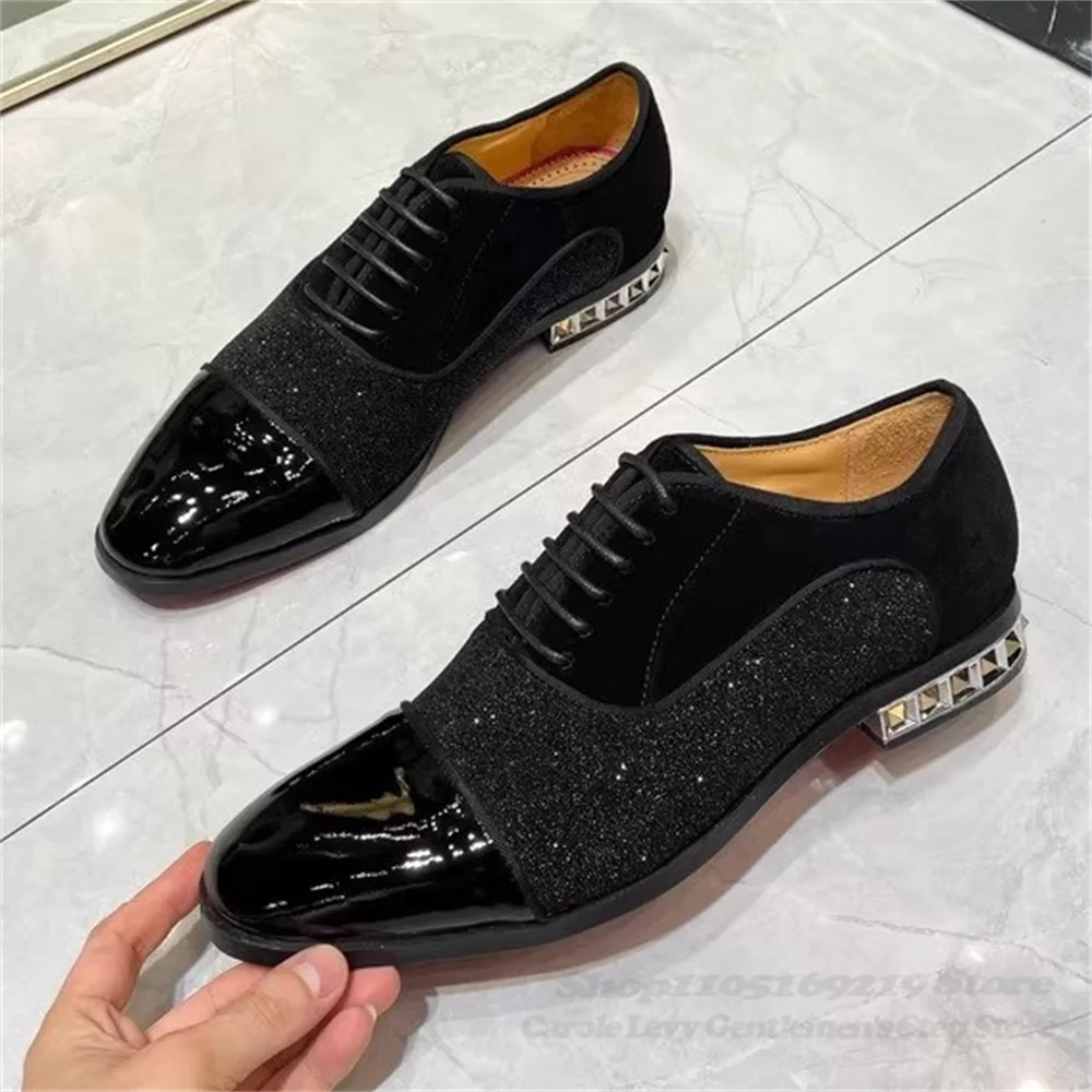

Men's Driving Spiked Shoes Black Glitter Leather Rivet Decor Color Blocked Formal Casual Groomsmen Wedding Shoes Derby Shoes
