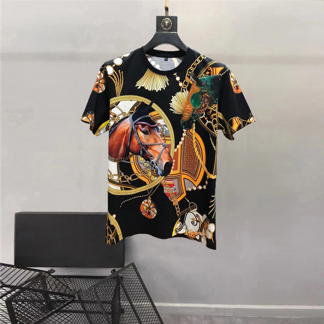 European and American men\'s wear summer 2022 new  Short sleeve round collar imperial animal hot diamond print  Fashion T-shirt