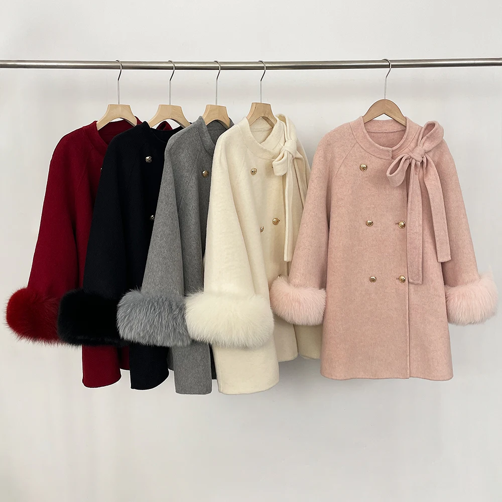 Abrigo de Lana para Mujer con Piel Auténtica, Chaqueta de Invierno 2026 con Piel de Zorro Natural, Abrigo Elegante y Glamuroso para Mujer