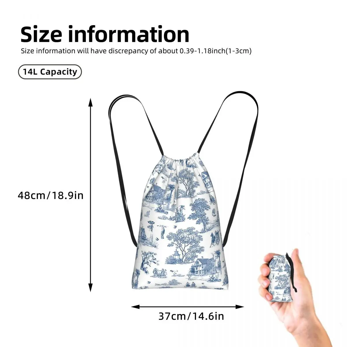 Toile De Jouy French Motif Drawstring Backpack Sports Gym Bag Lightweight Foldable Storage Drawstring Bag for Men Women