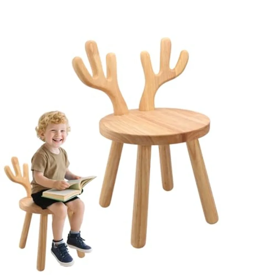 

Wooden Toddler Chair, Step Stool and Chair for Table, -6 Years Solid Rubber Wood Desk Chair with Deer Antlers Backrest, CPC Cer