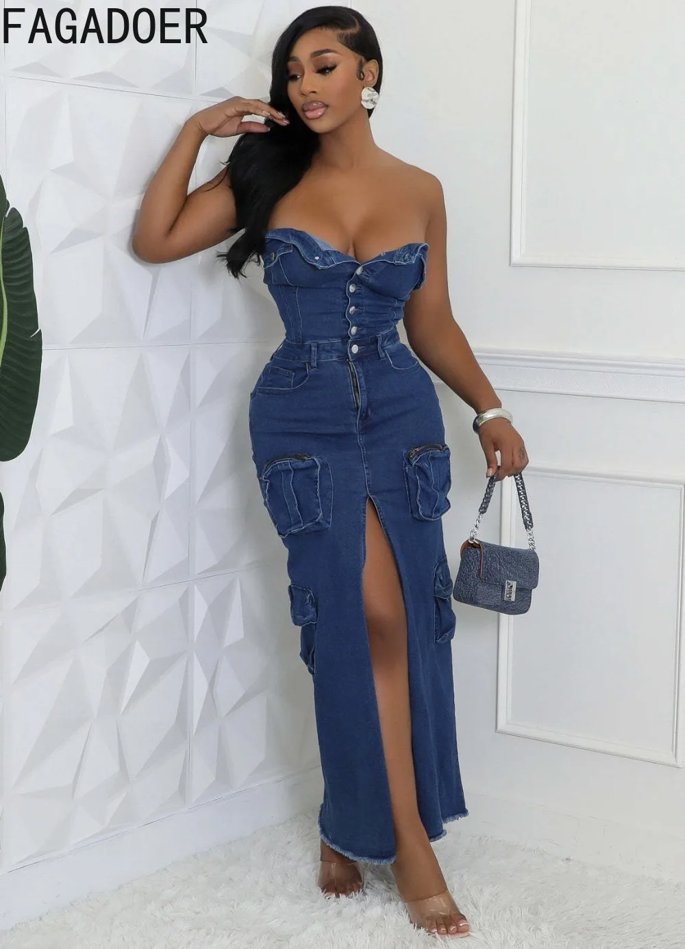 FAGADOER Sexy Casual Patchwork Cargo Pockets Denim Dress For Women Strapless Backless Front High Slit Fashion Cargo Dresses