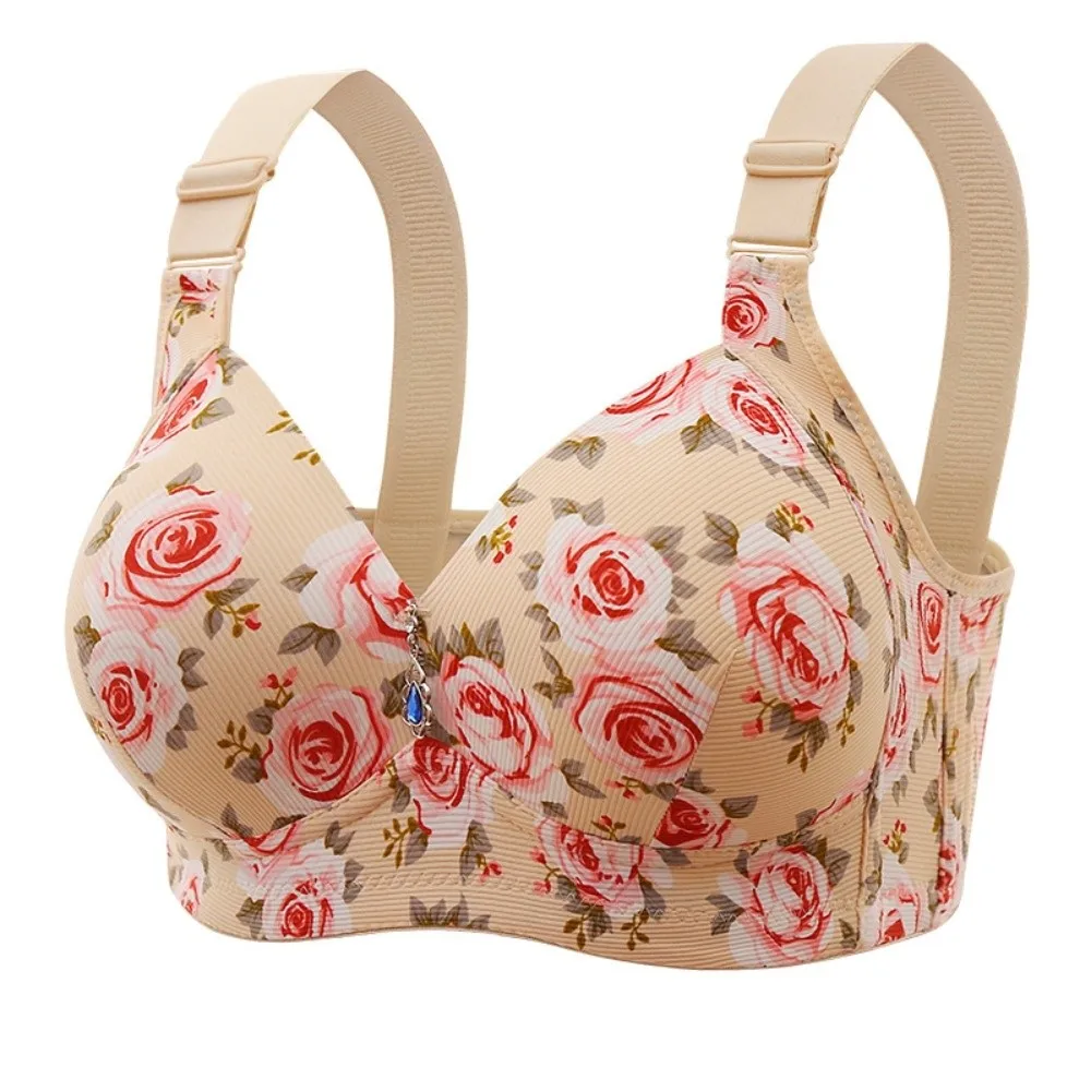 

Plus Size Elderly Mothers Flower Bra Rose Printed Gathering Anti Sagging Lace Women's Underwear Lingerie Close-fitting