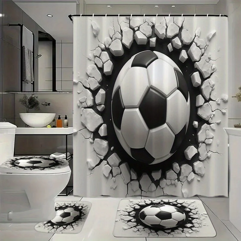

Набор для ванной комнаты из 4 предметов с занавеской для душа, 12 крючков, напольным ковриком, чехлом на сиденье унитаза и крышкой - Декор футбольной тематики для футбола