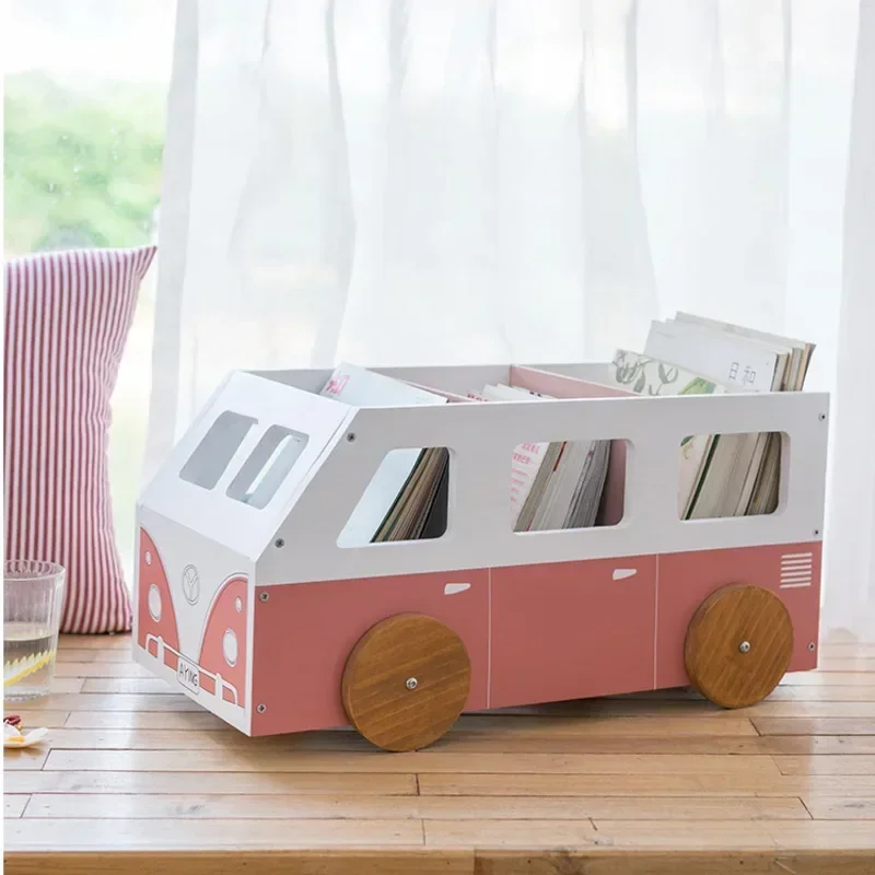 Wooden Bus Storage Cart Picture Book Organizer Movable Divider Bookshelf Bay Window Bedside Durable Design Easy Mobility