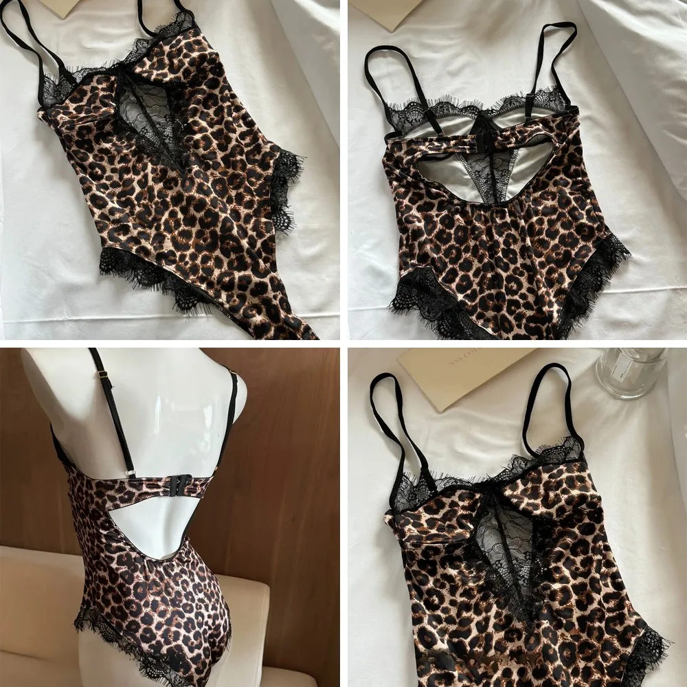 

Sexy Leopard Print Halter Bodysuit for Women, Thin Stretch Lace Lingerie One-Piece with Hanging Neck