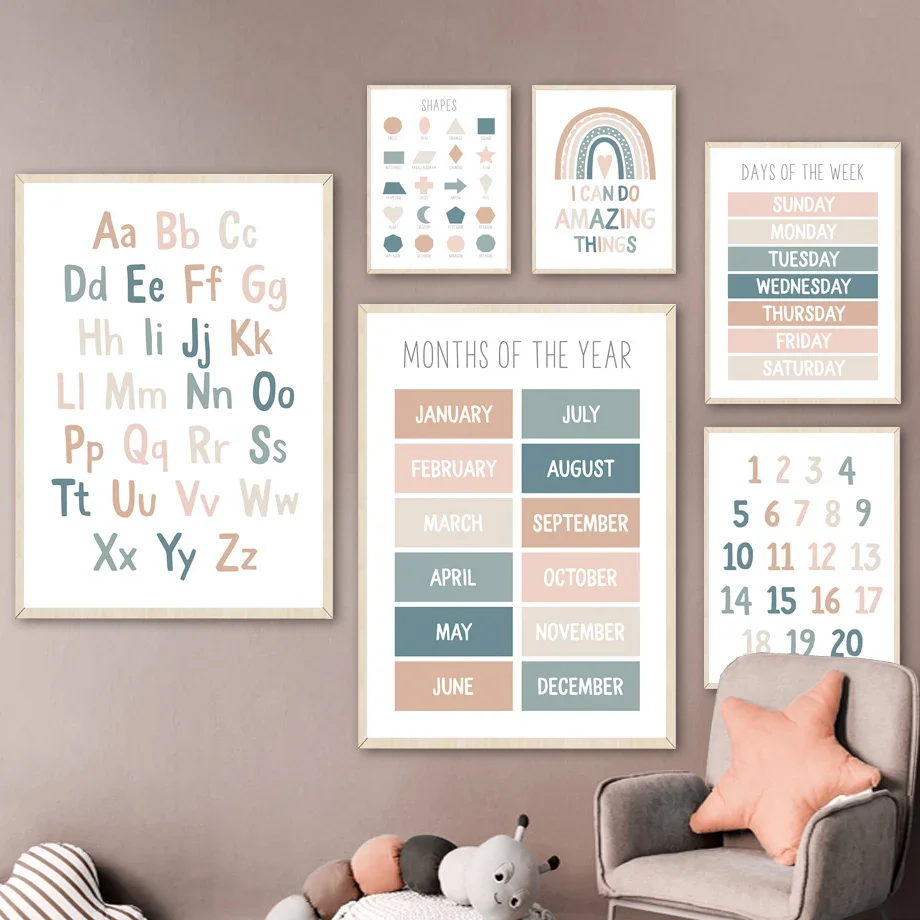 Alphabet Number Week Month Shape Rainbow Nursery Minimalist Wall  Canvas  Posters for Living Room Modern Home Decor